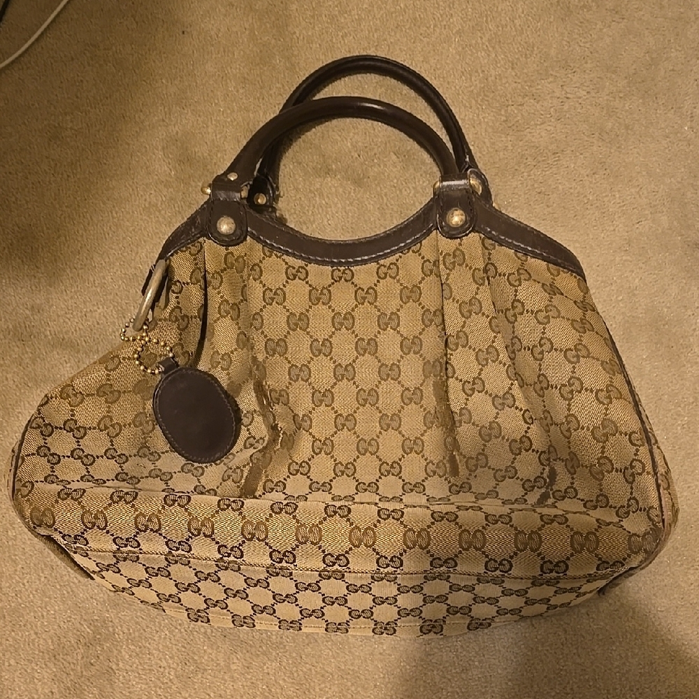Lots Of Issues Gucci Brown Monogram Shoulder Bag with Leather Handles
